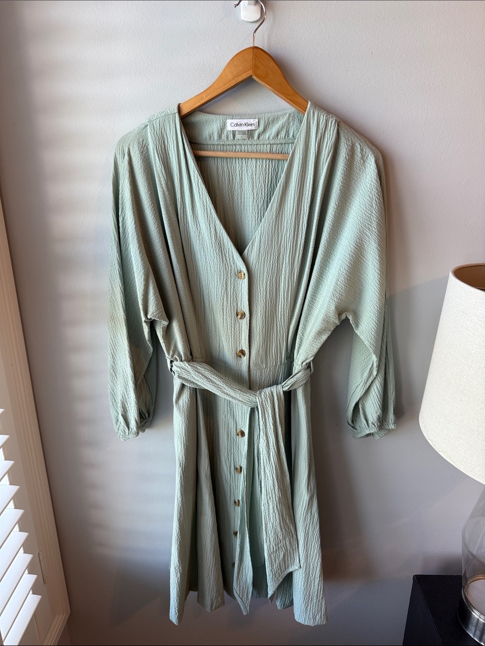 Calvin Klein Light Green Long Sleeve Button Down Tie Dress